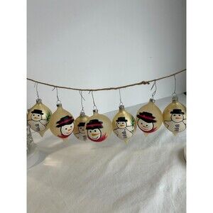 Vintage Glass Teardrop Snowman Ornaments Frosted Hand Painted Set of 7